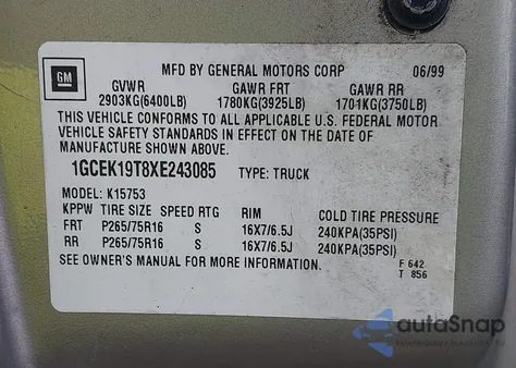 1999 Chevrolet Silverado 1500 Ls из США, поврежденный, VIN 1GCEK19T8XE243085